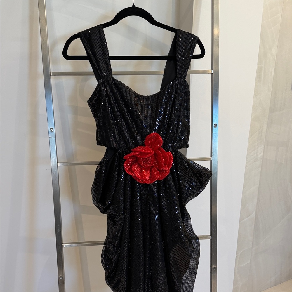 Glamorous Black Sequin One Shoulder Dress with Red Detail